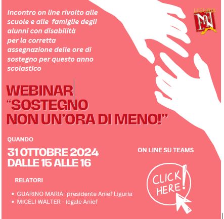 WEBINAR ANIEF ‘Sostegno: non un'ora di meno!”, giovedì 31 ottobre, ore 15. Incontro on line rivolto a scuole e famiglie per la corretta assegnazione delle ore di sostegno.